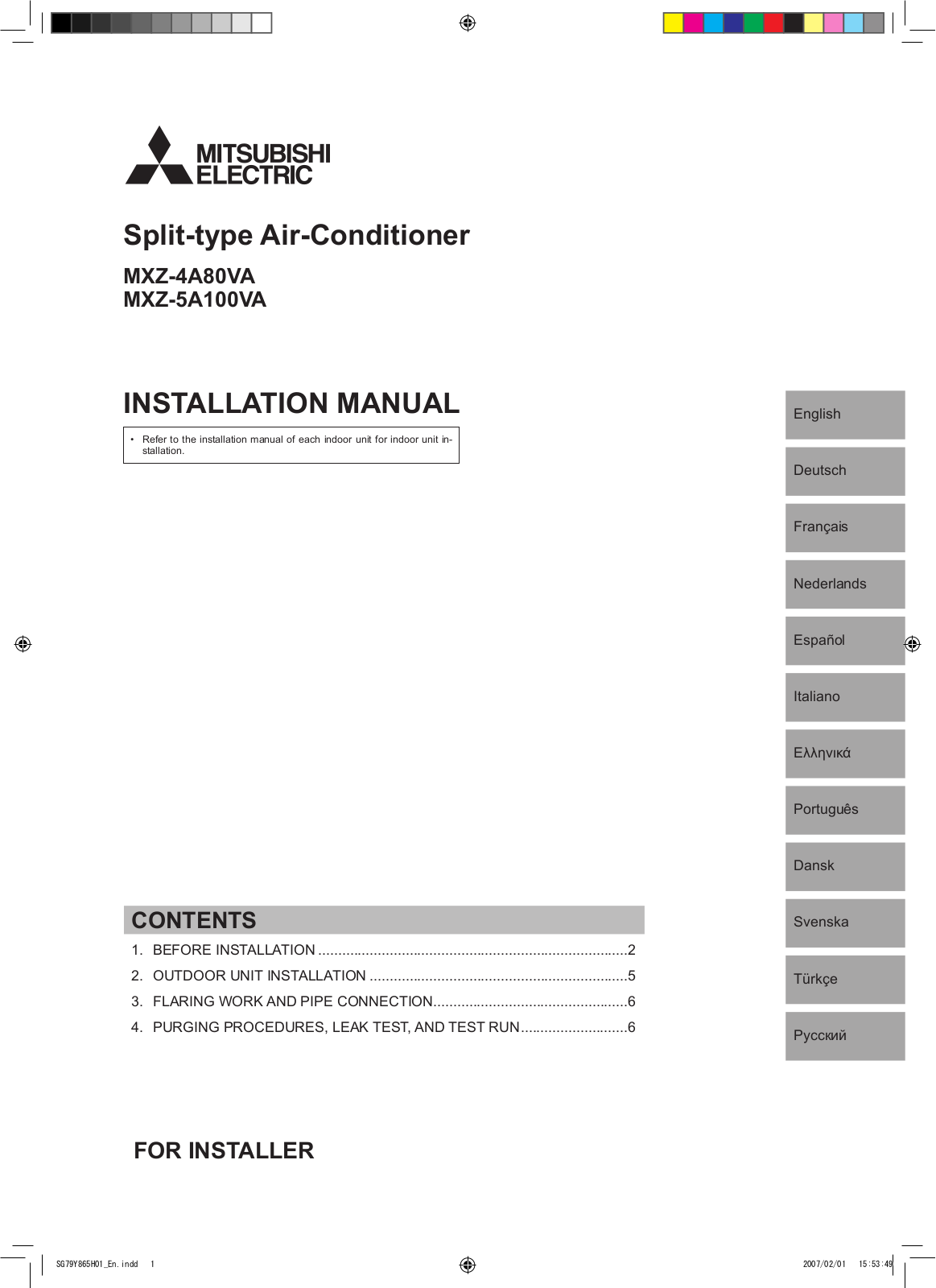 Mitsubishi MXZ-4A80VA, MXZ-5A100VA Installation Manual