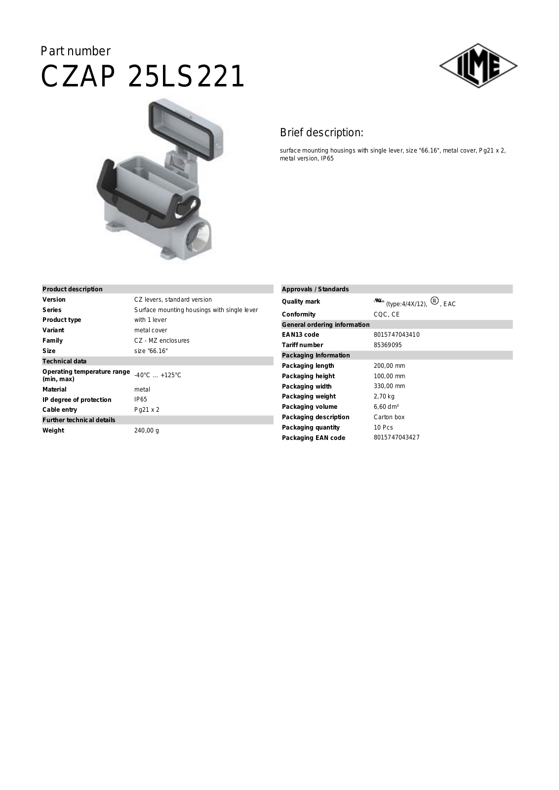 ILME CZAP-25LS221 Data Sheet