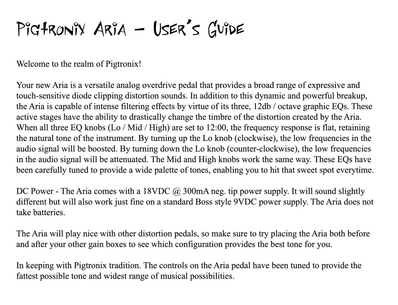 Pigtronix Aria User Manual