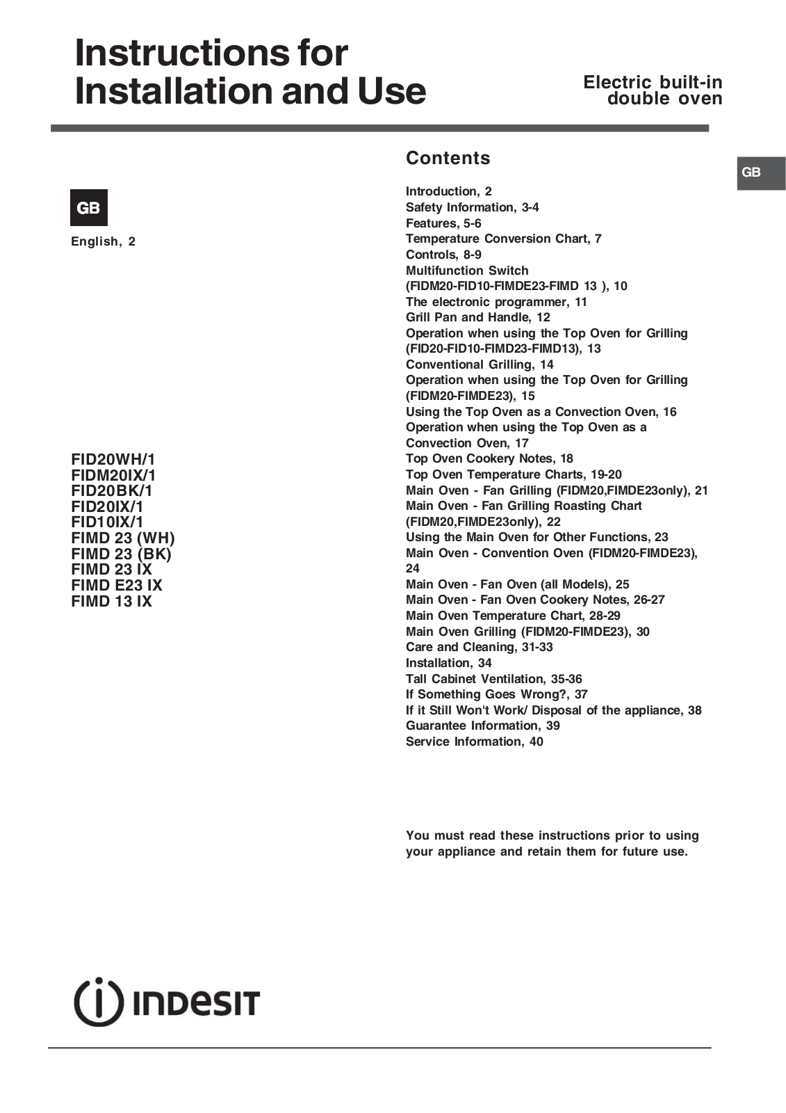 Indesit FIMD 23 IX, FIMD 23 BK, FIMD 23 WH, FIMD E23 IX, FIMD 13 IX User Manual