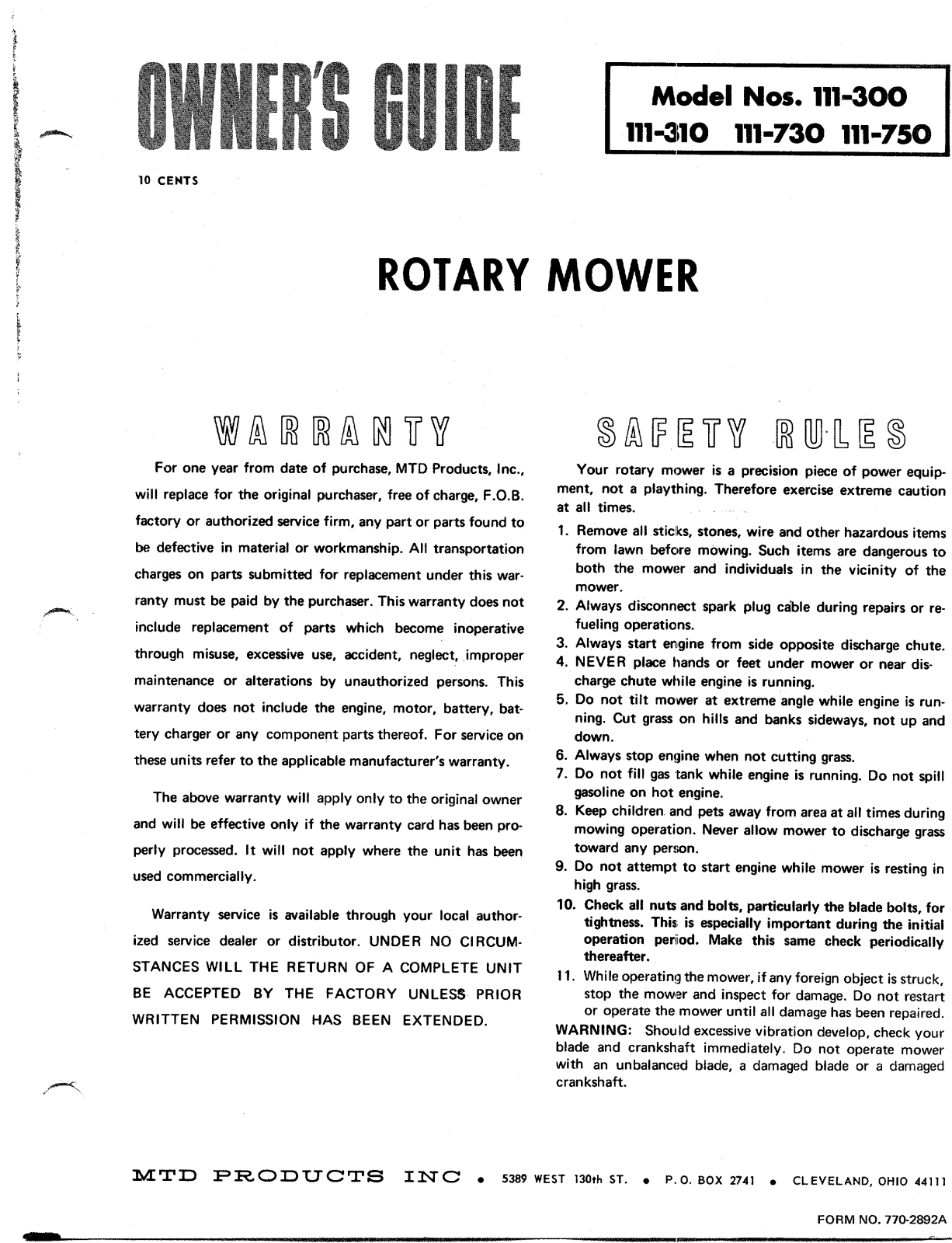 MTD 111-300, 111-730, 111-750 User Manual