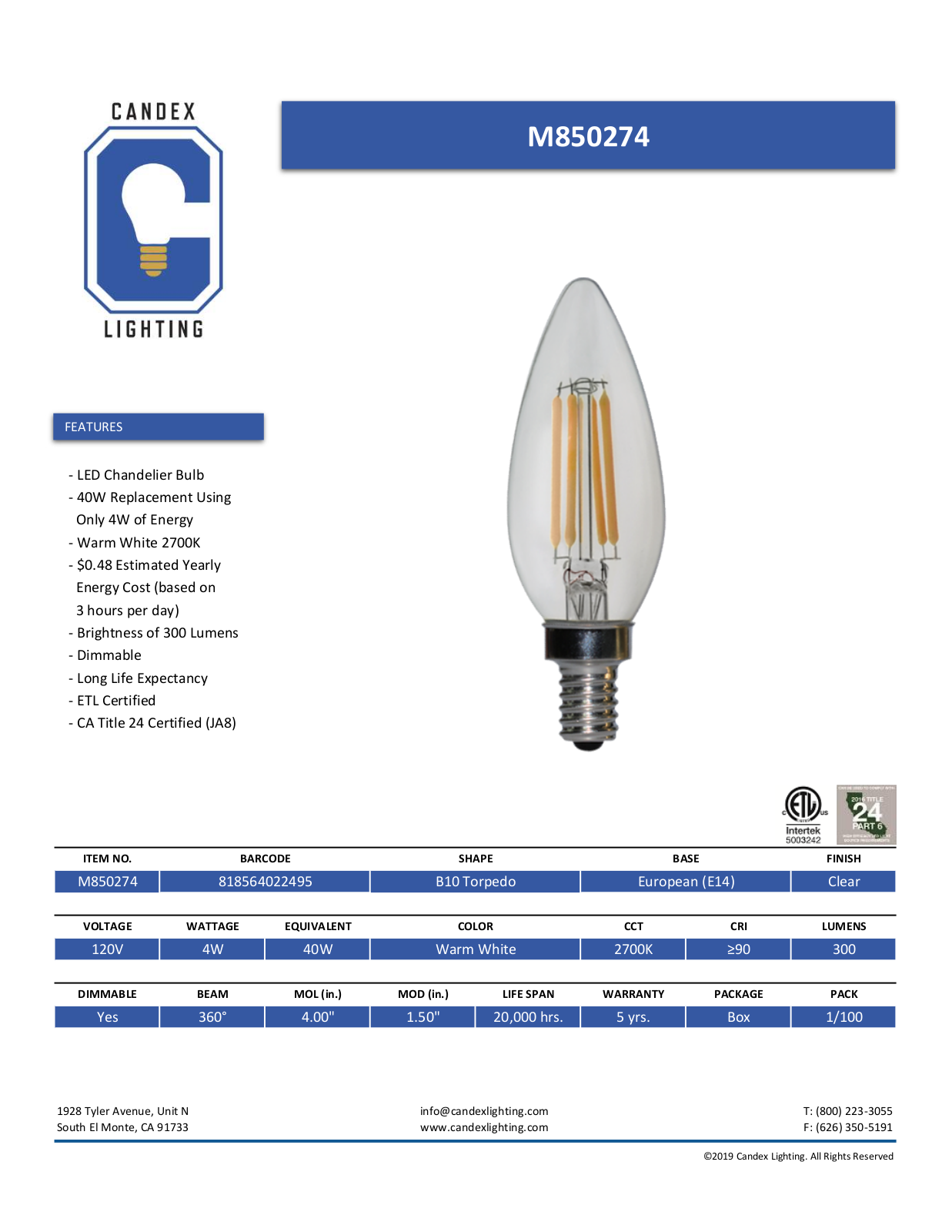 Candex Lighting CNDX1008 Specifications - ManualMachine.com