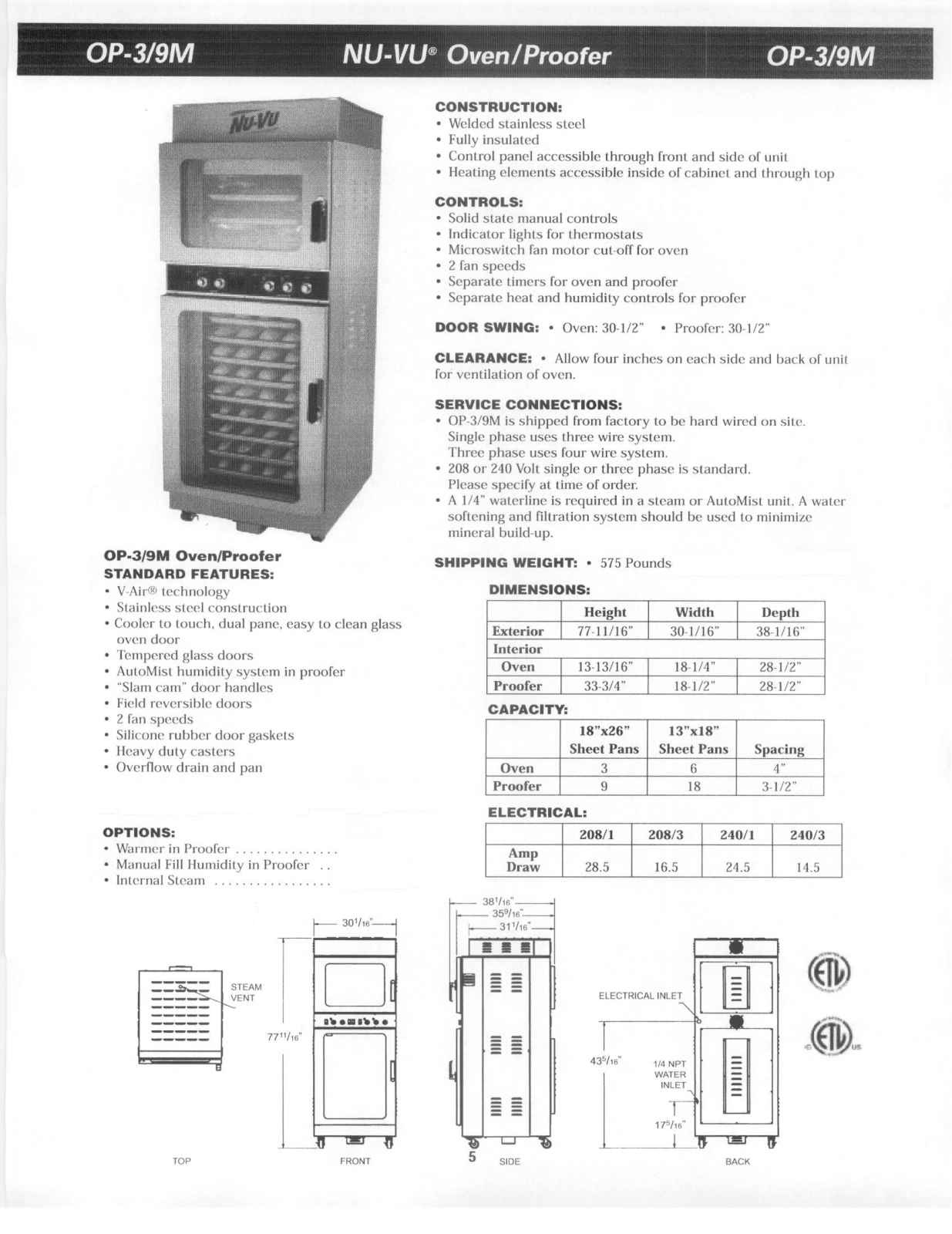 Nu-Vu Food Service System OP-3/9M General Manual