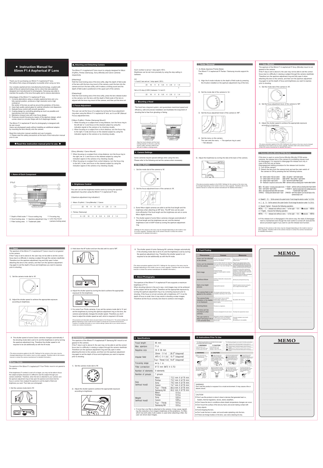 Samyang SY85M-NX User manual