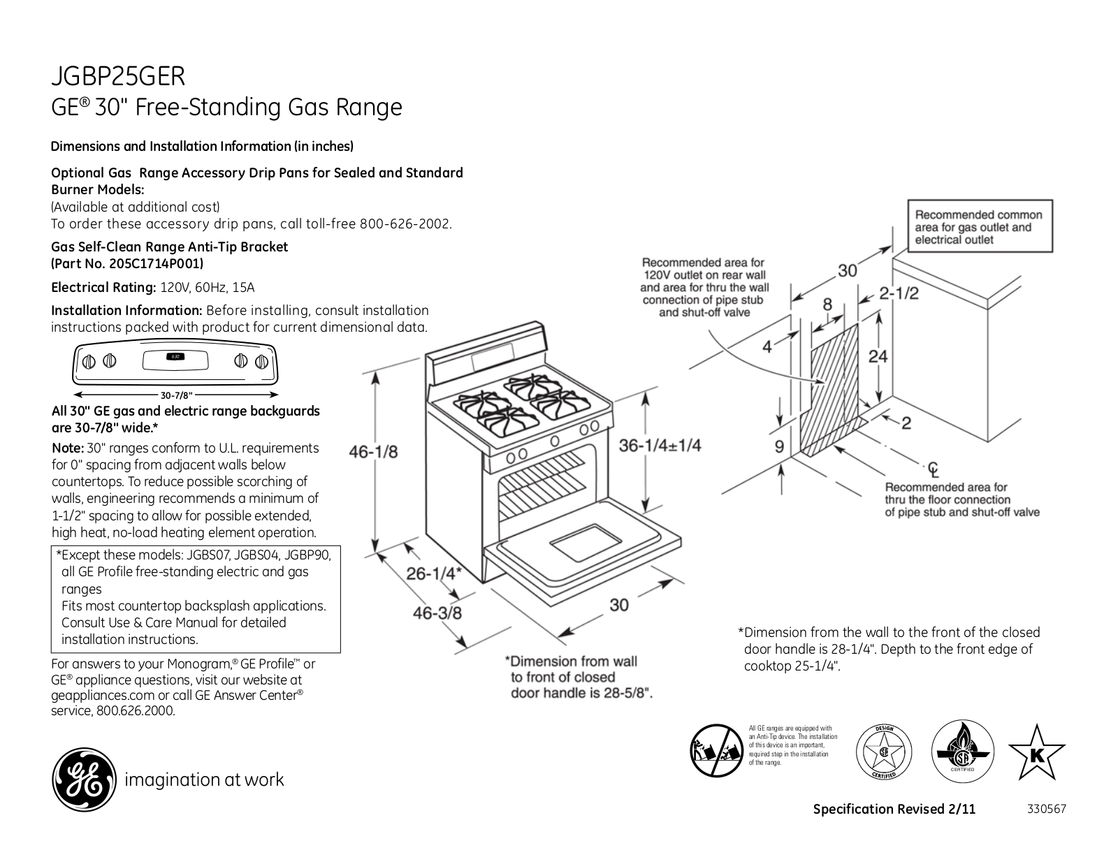 GE JGBP25GER Specification