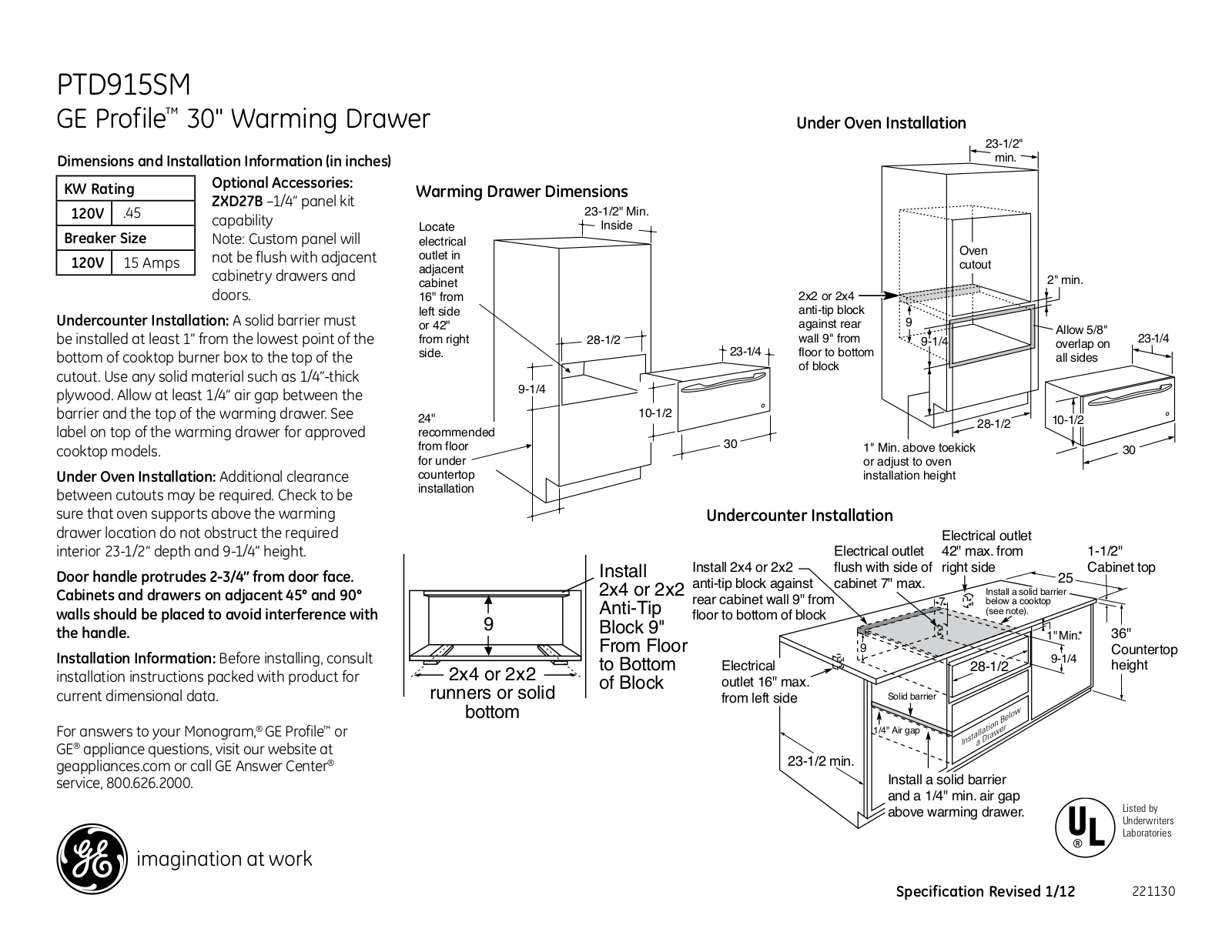 GE PTD915SM Specification