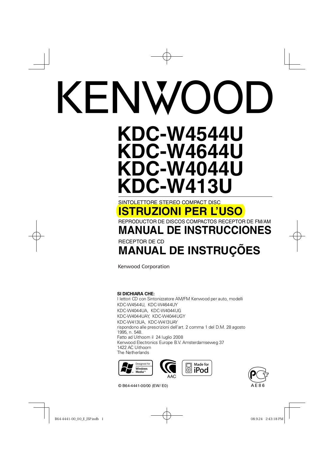 Kenwood KDC-W4644U, KDC-W4044U, KDC-W413U, KDC-W4544U User Manual