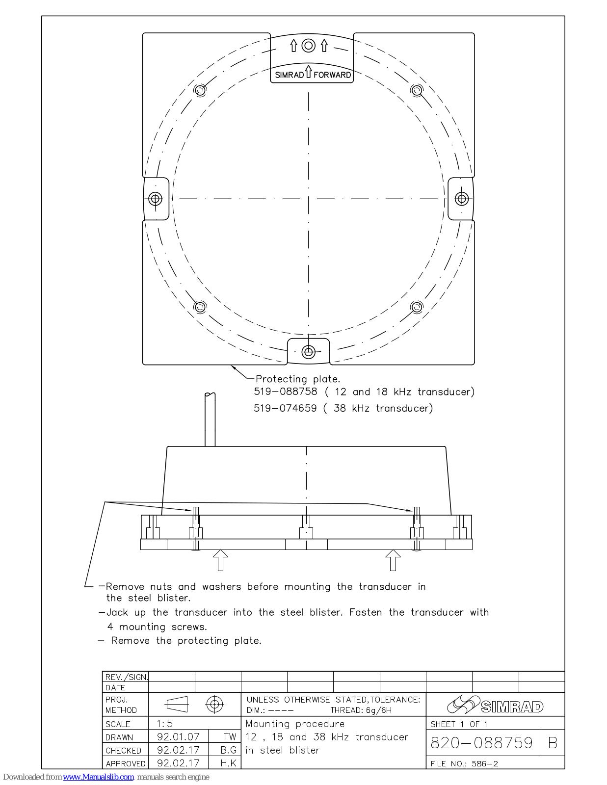 Simrad TRANSDUCER MOUNTING PROCEDURE - SCHEMA REV B, TRANSDUCER MOUNTING PROCEDURE User Manual