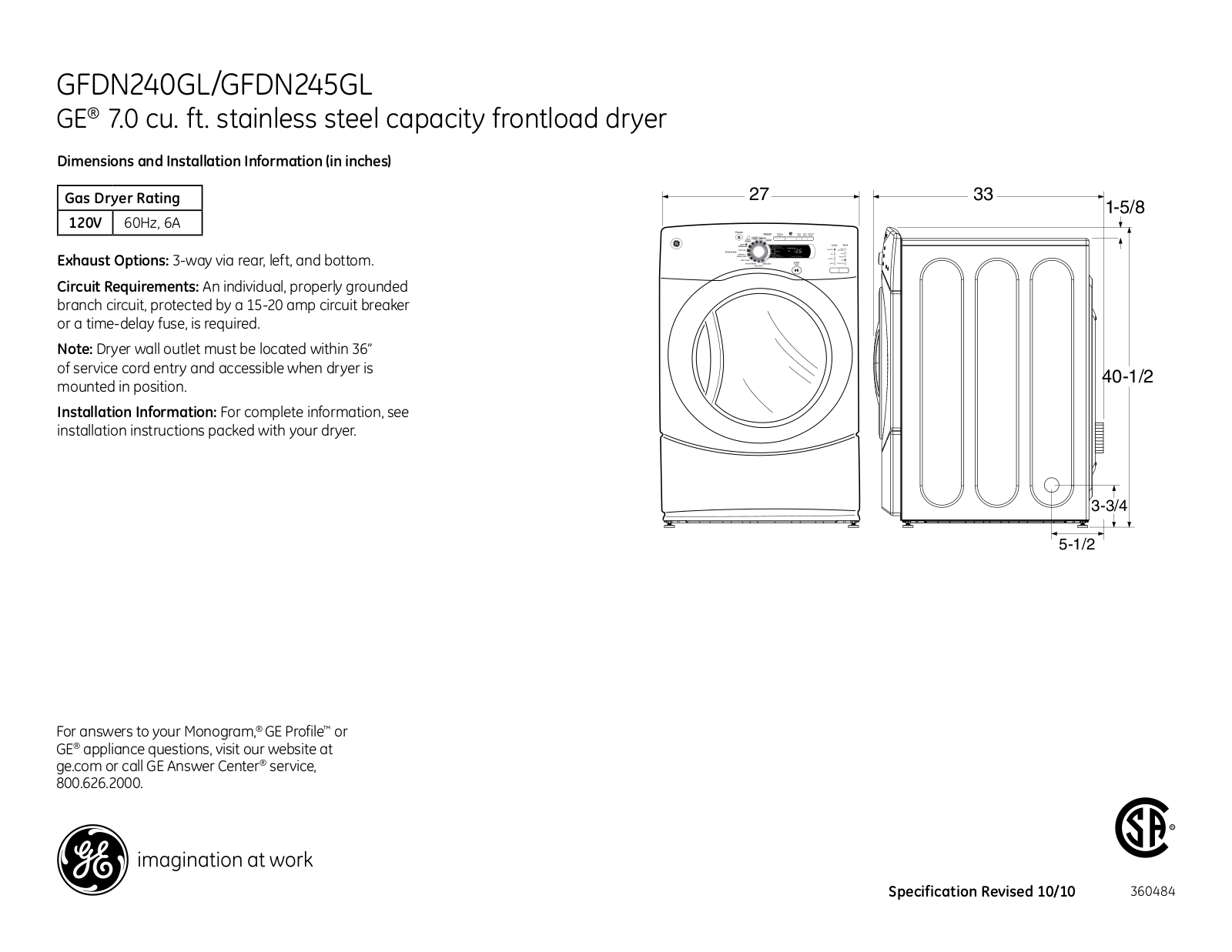 General Electric GFDN240GLWW User Manual