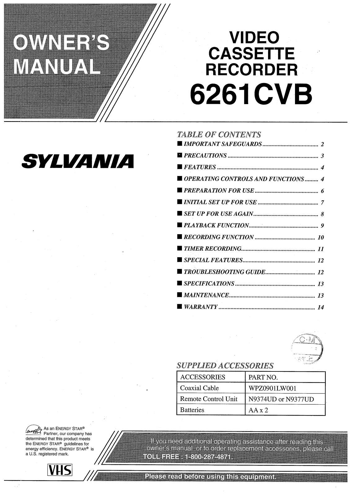 Sylvania 6261CVB User Manual