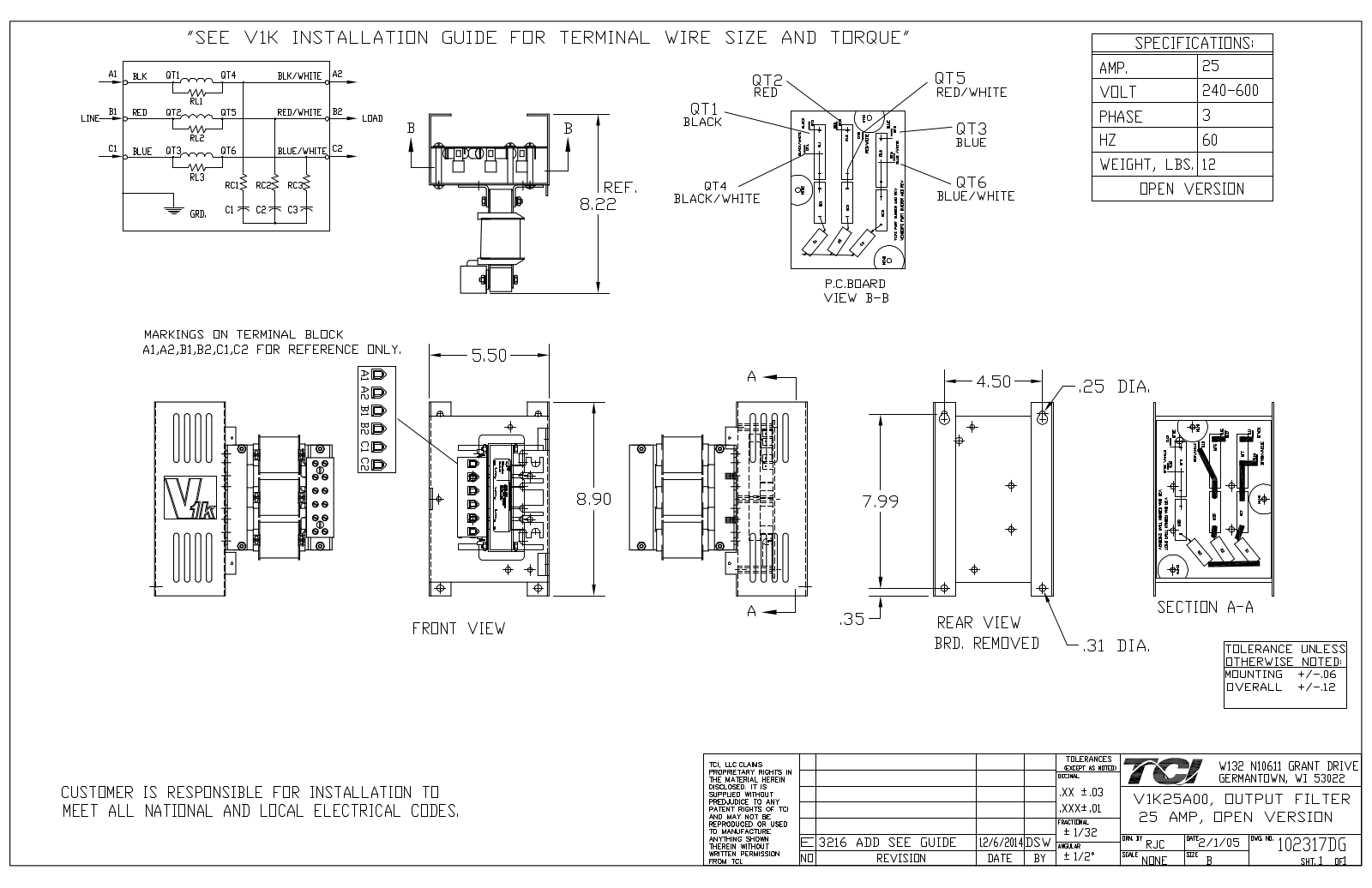 TCI V1K25A00 Dimensional Sheet