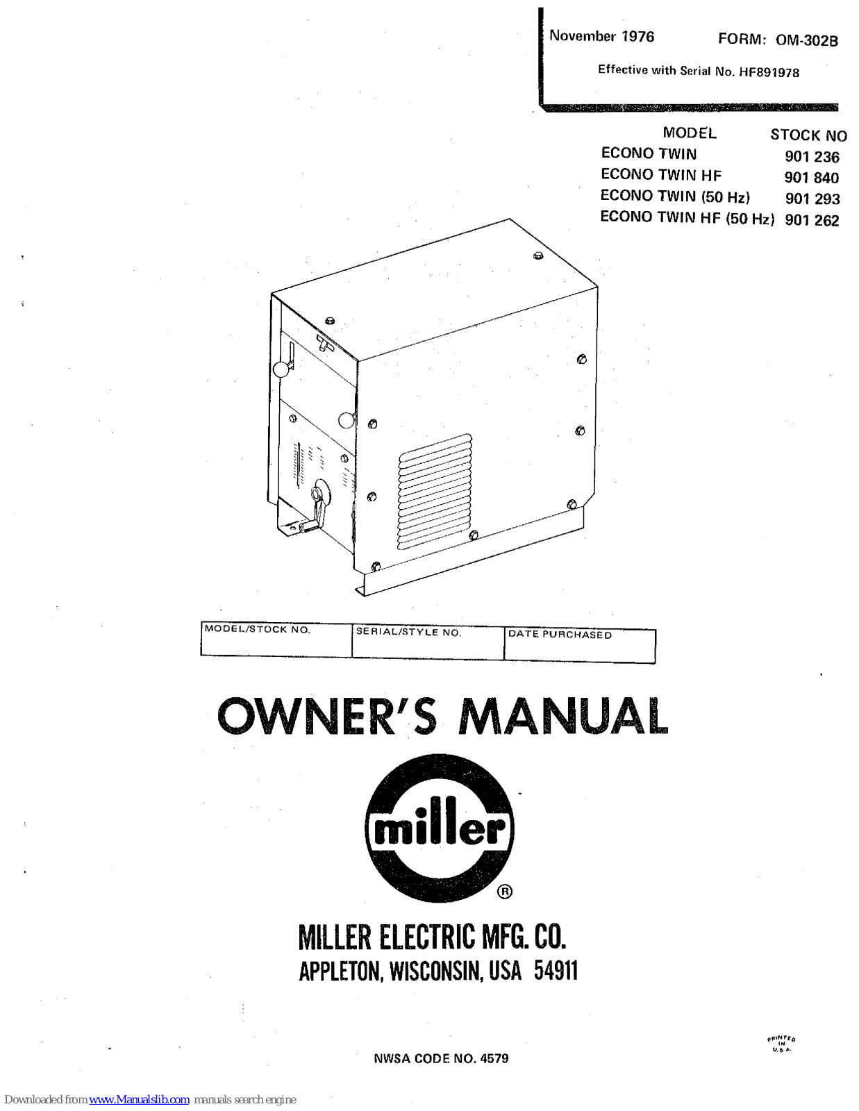 Miller econo twin, econo twin hf Owner's Manual