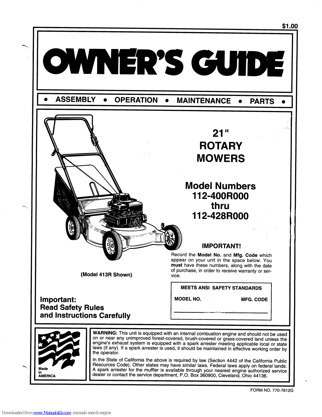 MTD 112-428R000, 112-428R372, 112-400R000 Owner's Manual