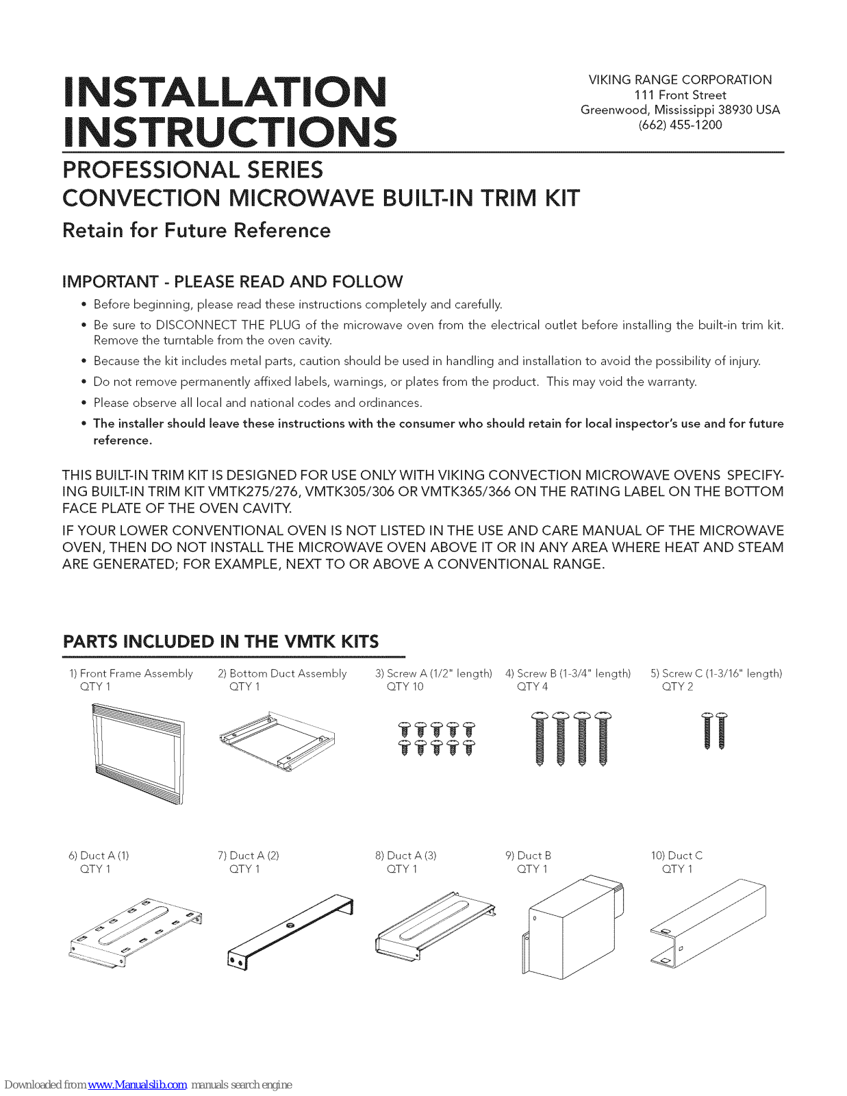 Viking VMOC205, VMTK276, VMTK305, VMTK306, VMTK365 Installation Instructions Manual - ManualMachine.com