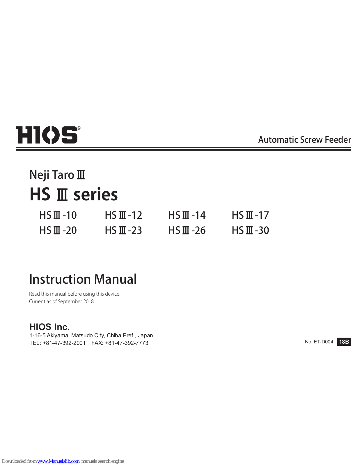 HIOS HSIII-10, HSIII-12, HSIII-14, HSIII-17, HSIII-20 Instruction Manual