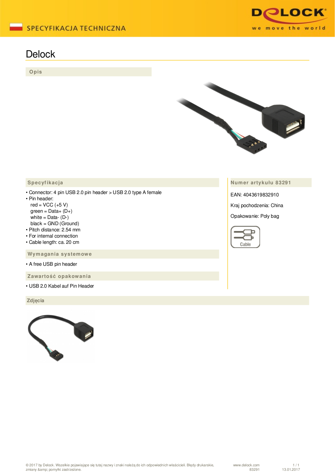 DeLOCK USB 2.0  socket  to USB 2.0 Pin Header, 0.2m User Manual