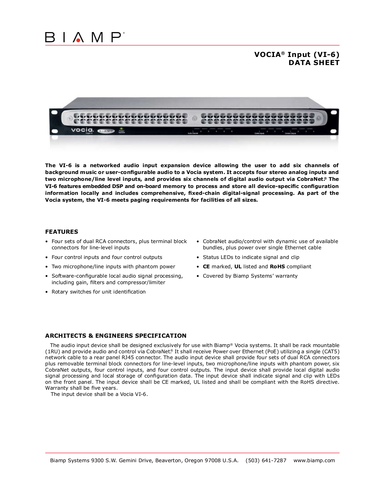 Biamp VOCIA INPUT User Manual