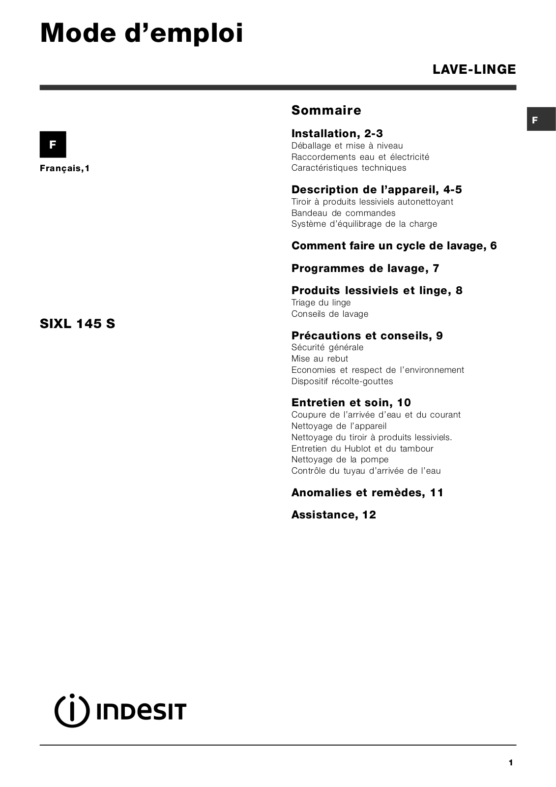 INDESIT SIXL 145 S User Manual