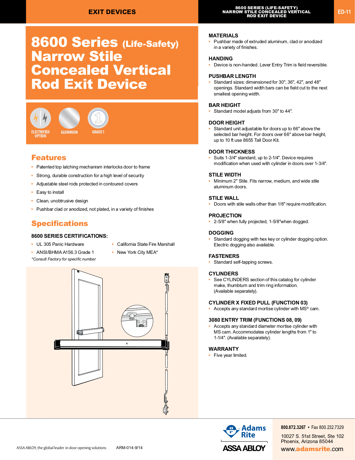 Adams Rite 8600-30-US32D, 8600-36-32DMEC, 8600-36-US3, 8600-36-US32, 8600-36-US32D-99 Specsheet