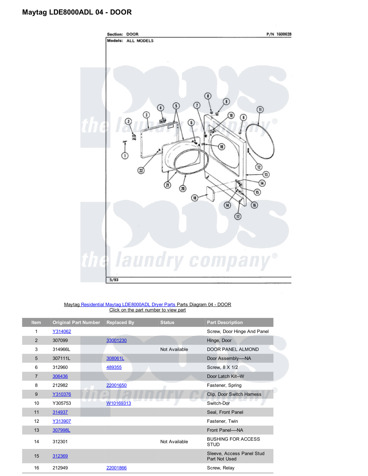 Maytag LDE8000ADL Parts Diagram