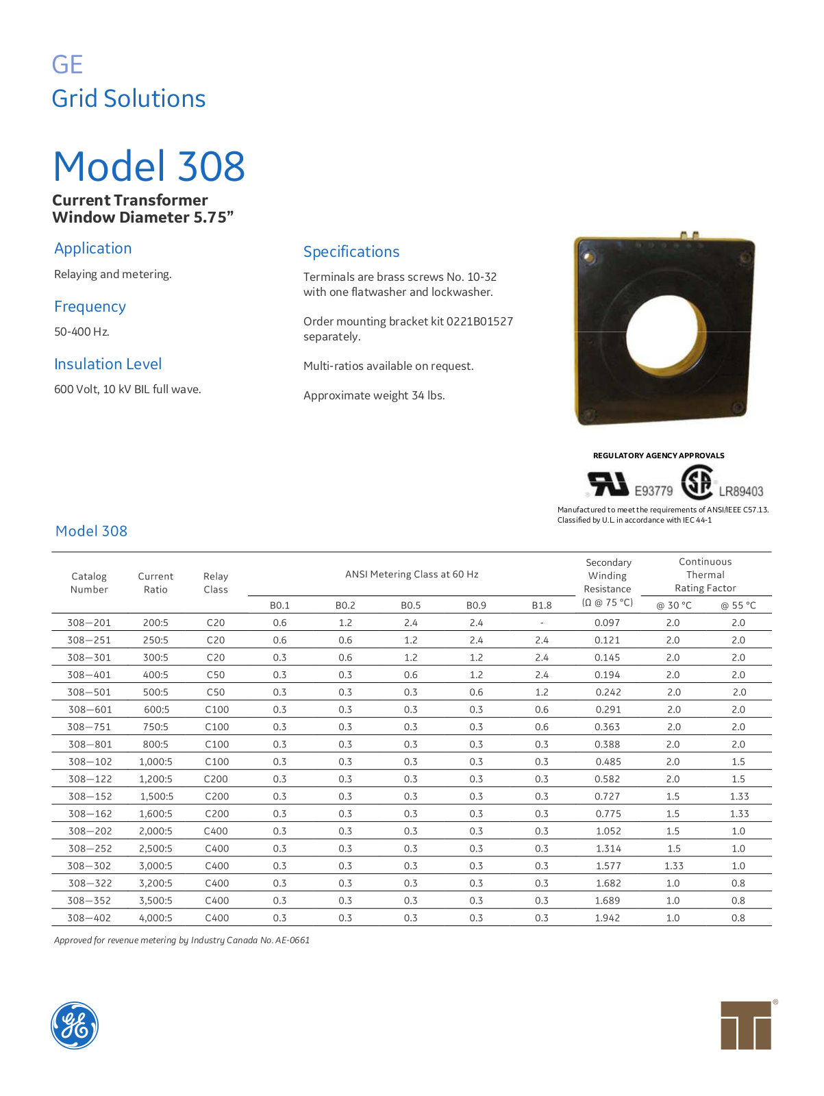 Instrument Transformer, Div of GE 308 Data Sheet