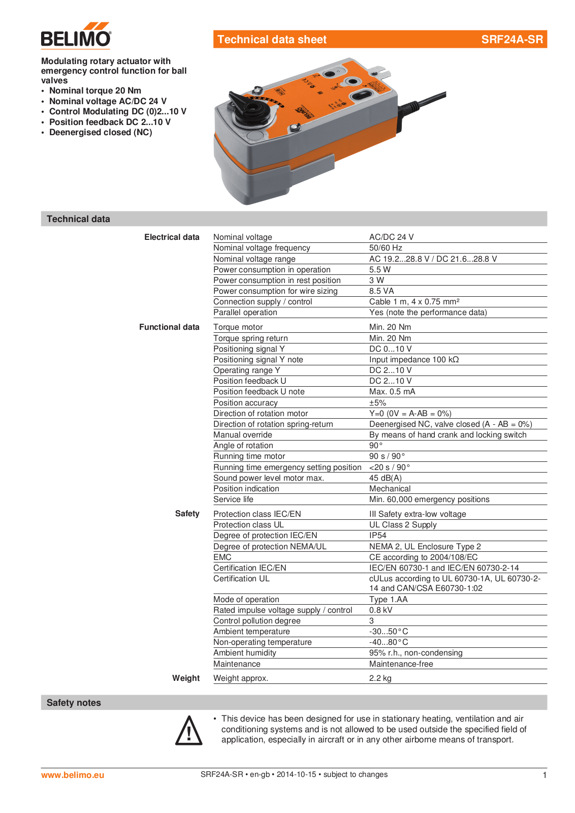 Belimo SRF24A-SR Technical Data Sheet - ManualMachine.com