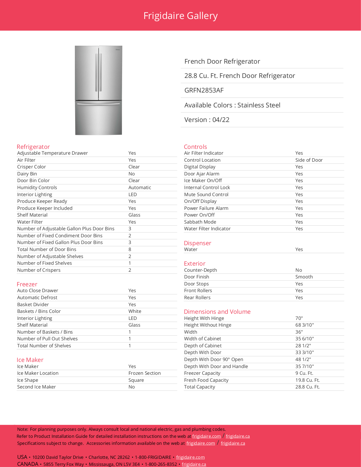 Frigidaire GRFN2853AF Specifications - ManualMachine.com