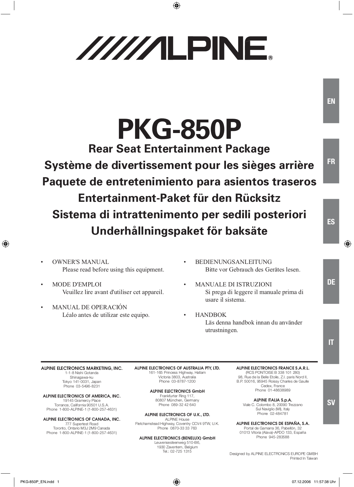 Alpine PKG-850P User Manual