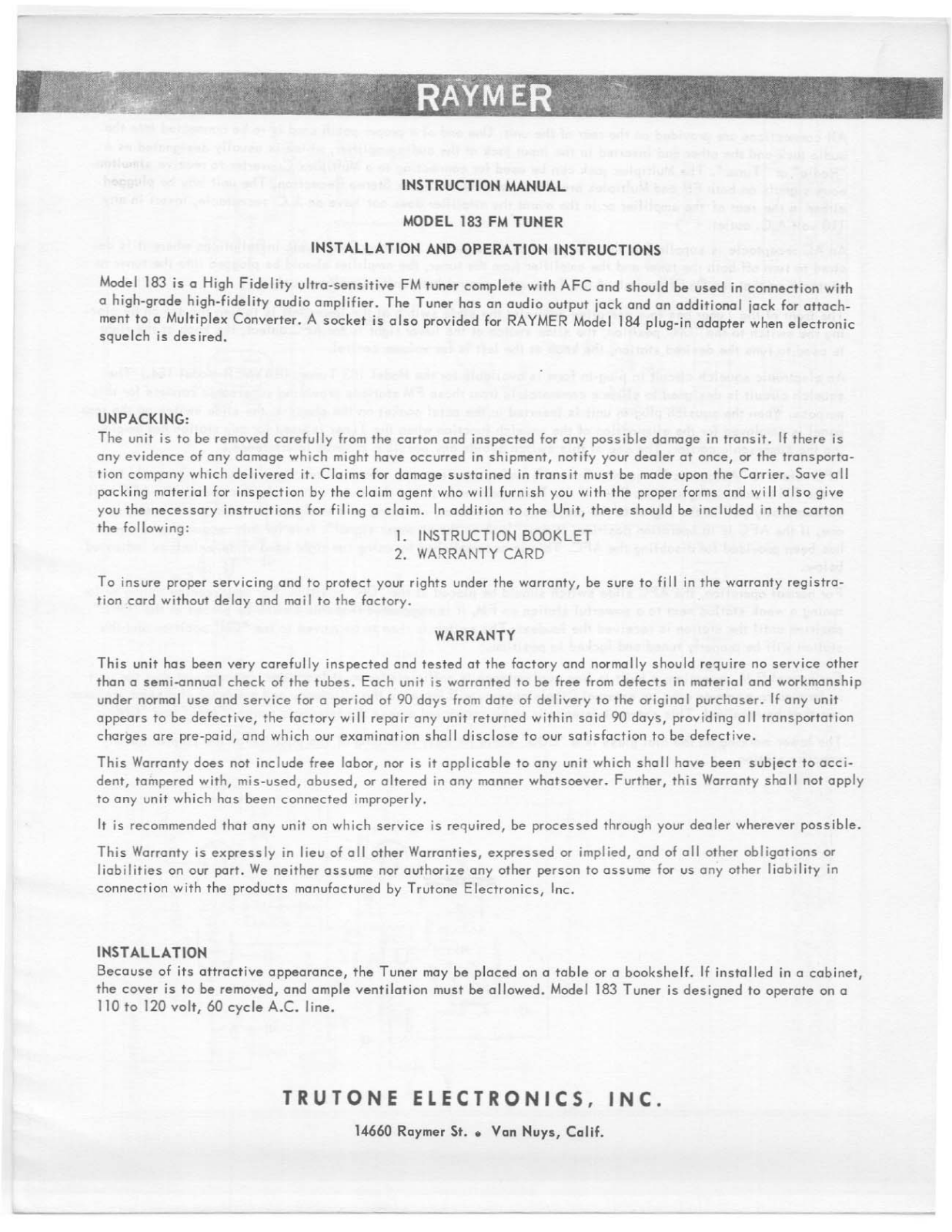 Telex 183 User Manual