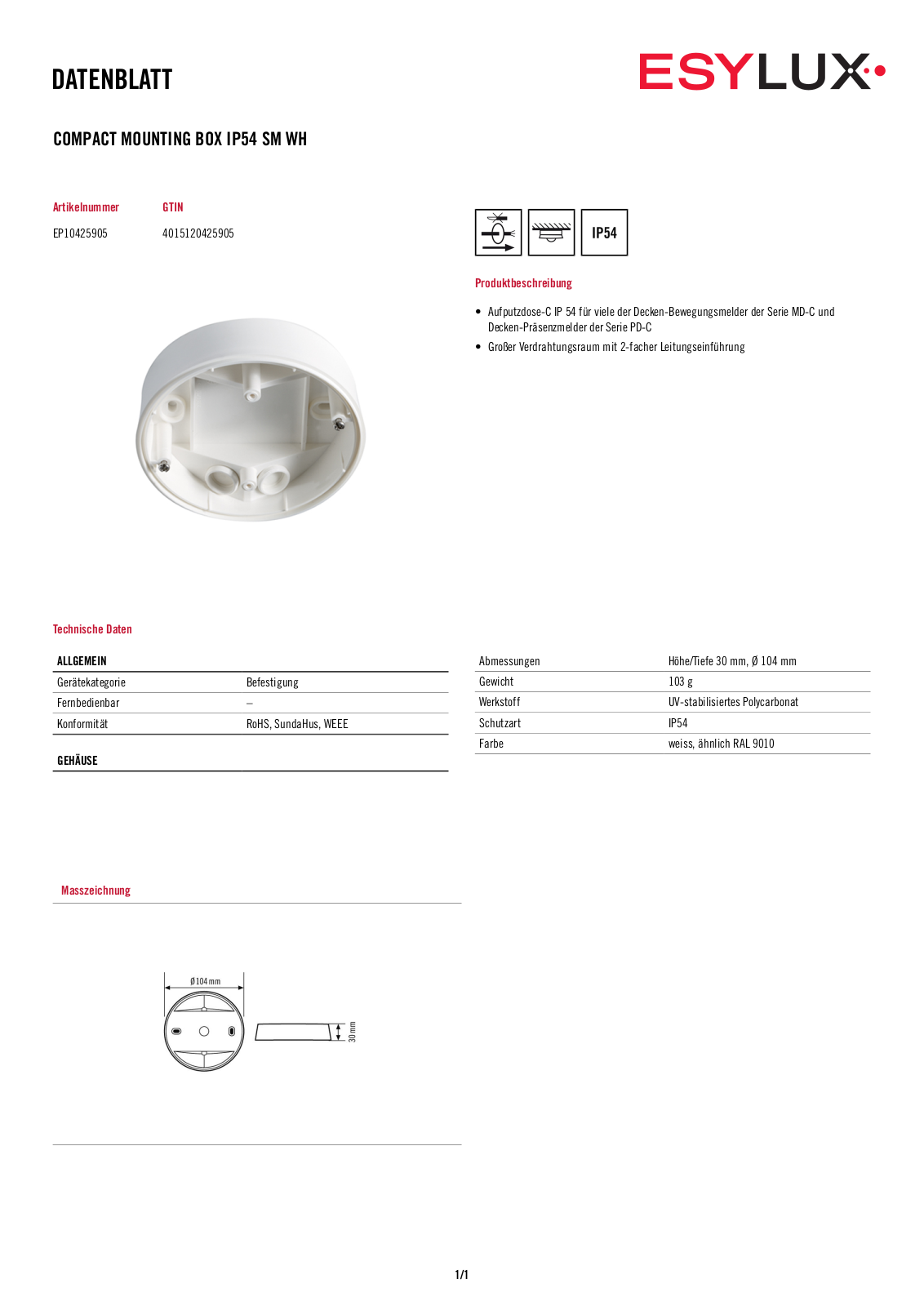 ESYLUX IP54 SM WH User Manual