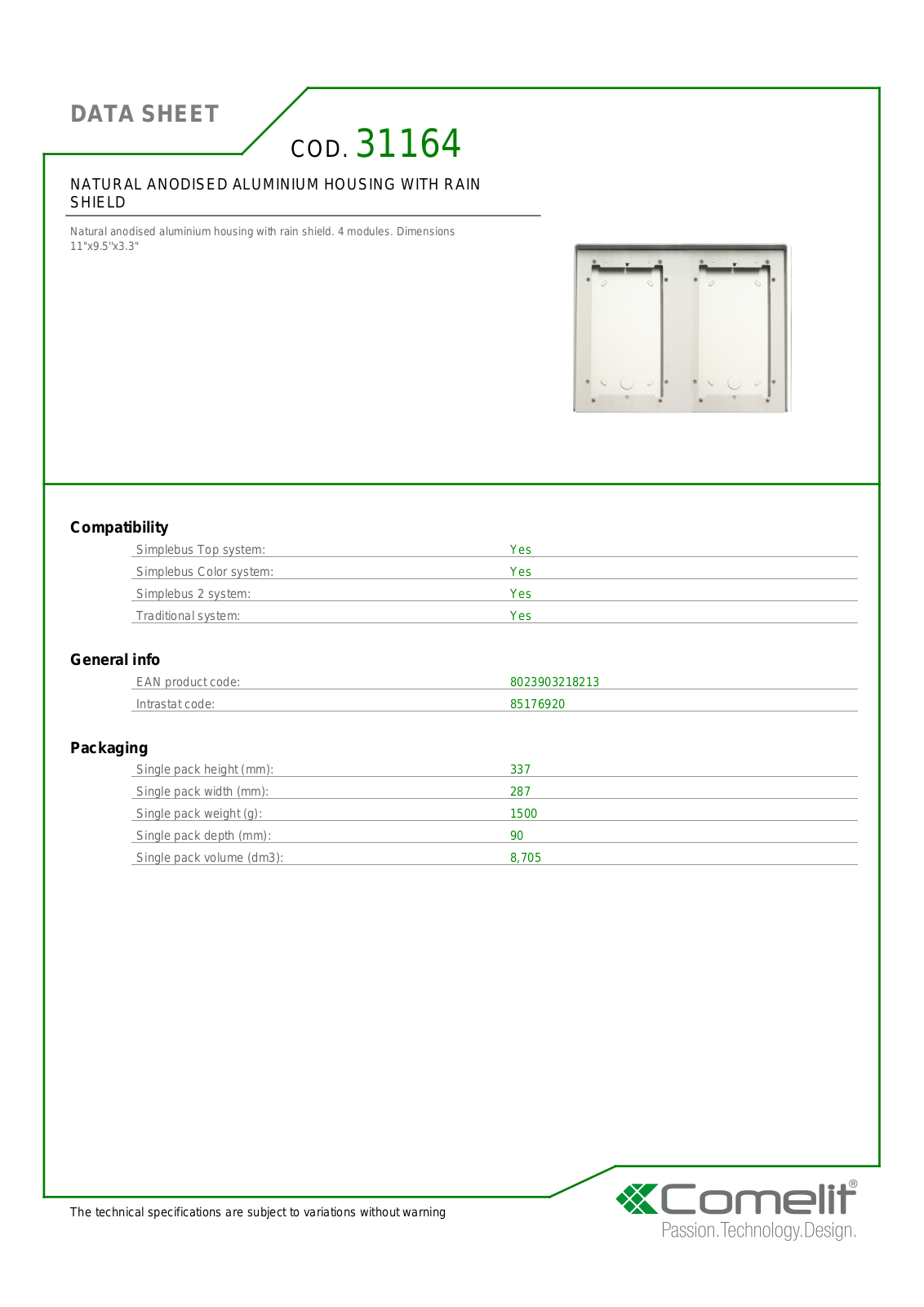 Comelit 31164 Specsheet