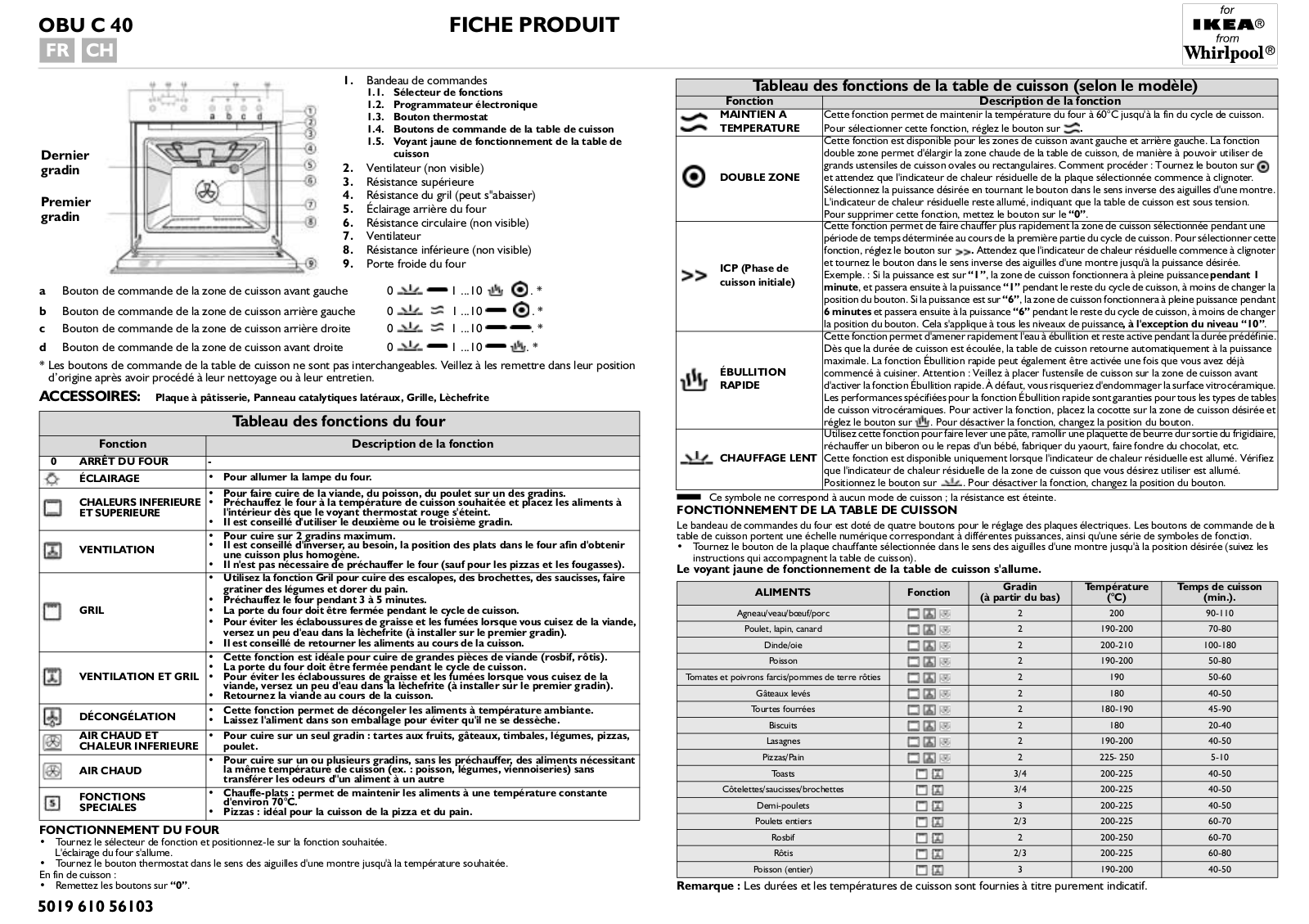 Whirlpool OBU C40 PRODUCT SHEET