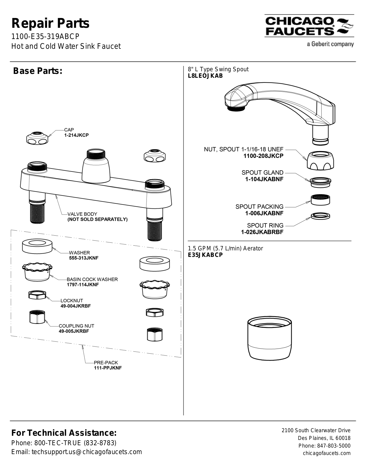 Chicago Faucet 1100-E35-319AB Parts List