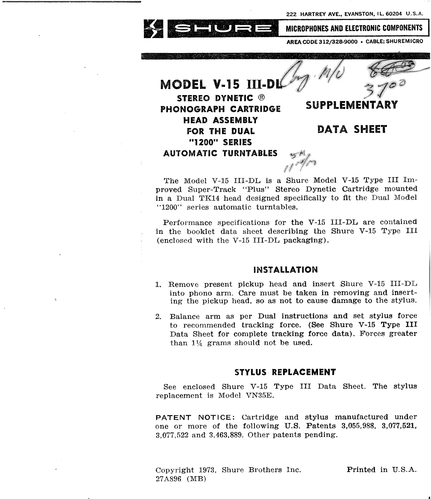 Shure Phonograph V-15 III-DL User Guide