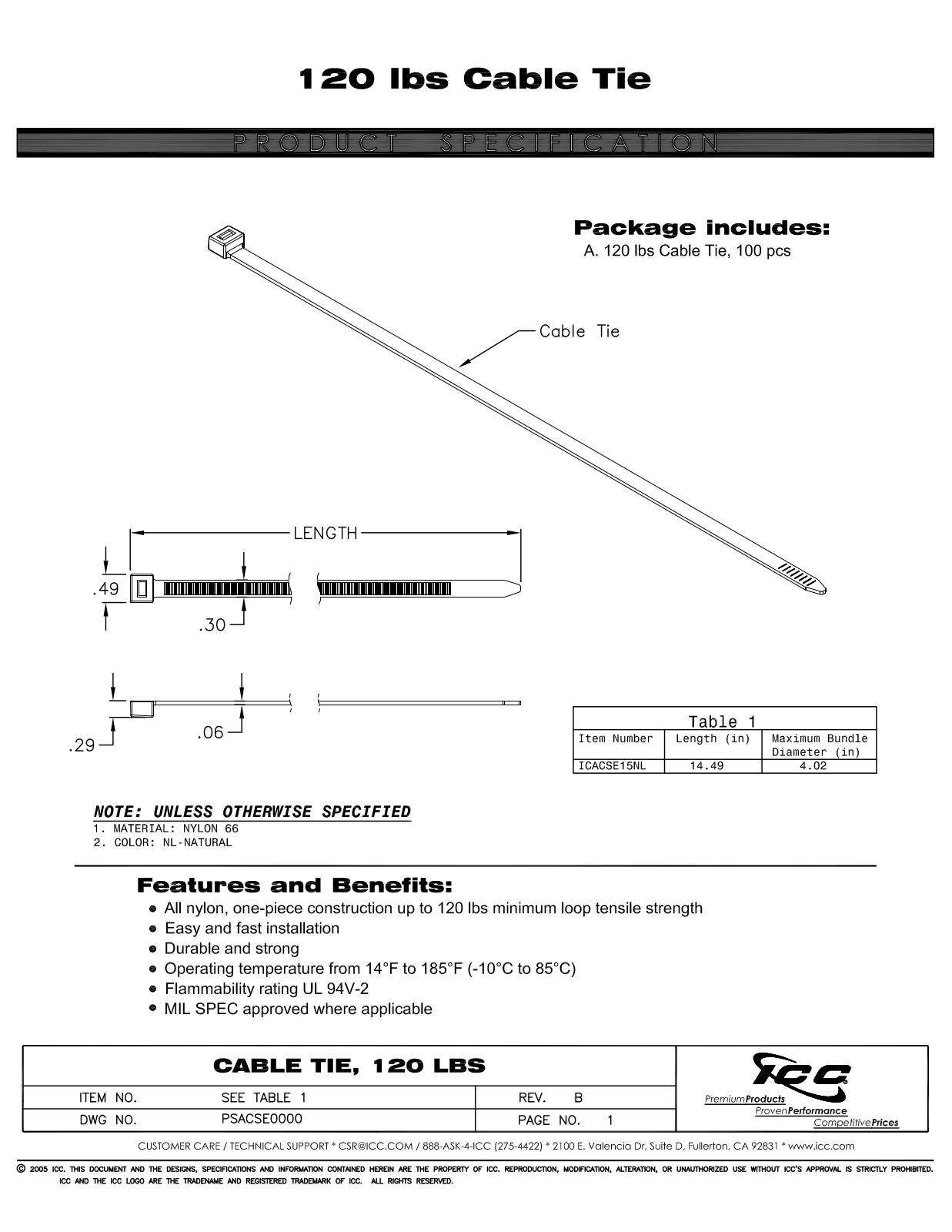 ICC ICACSE15NL Specsheet