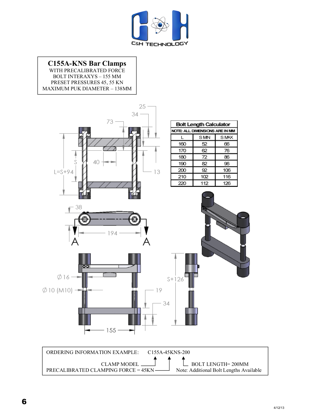 C & H Technology C155A-KNS Dimensional Sheet