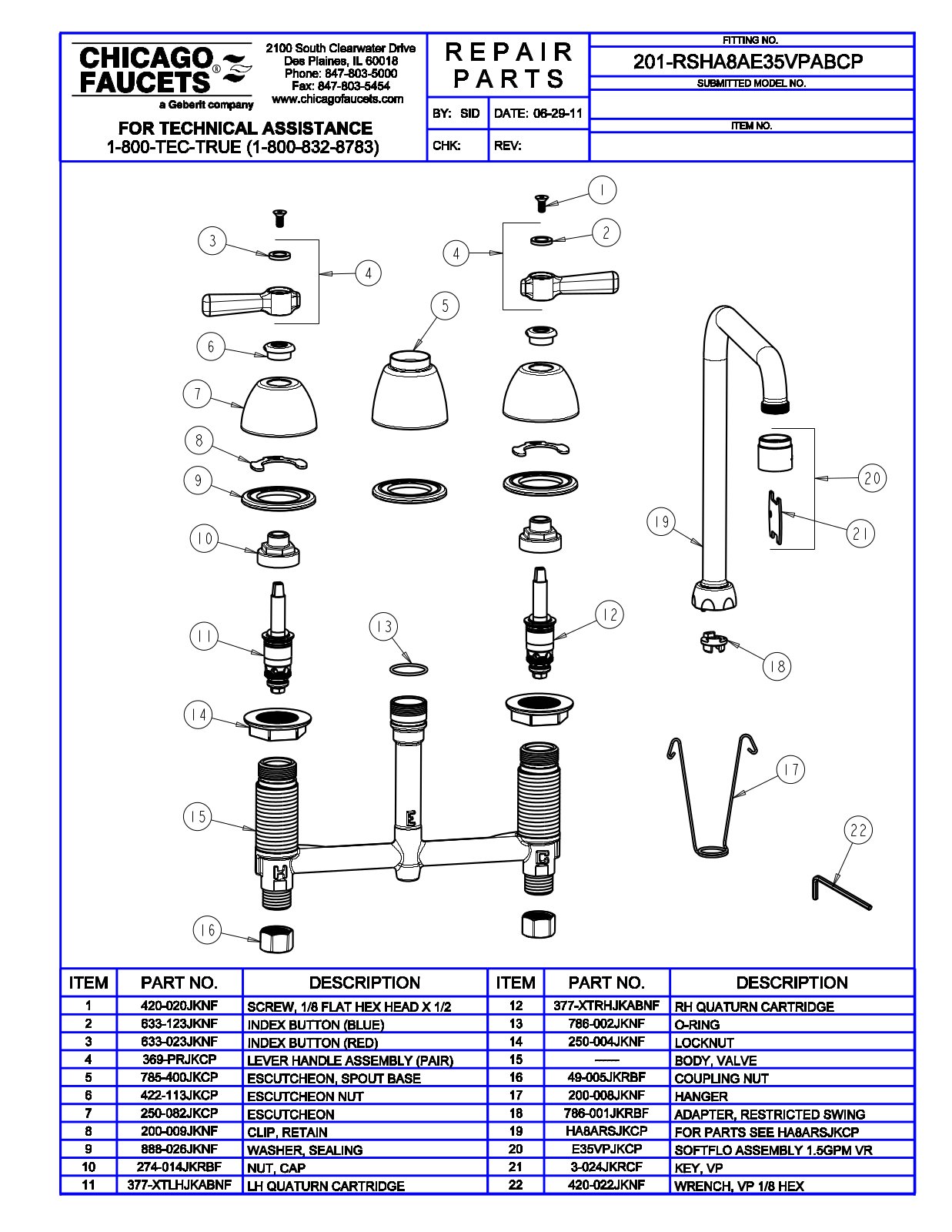 Chicago Faucet 201-RSHA8AE35VPAB Parts List