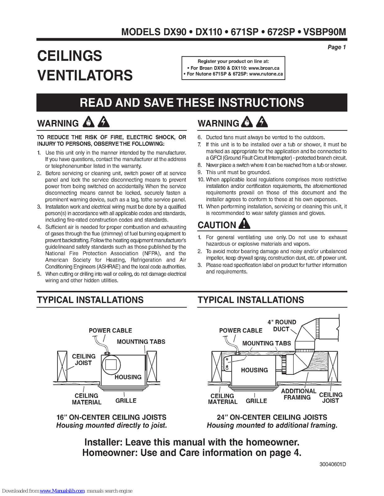 Broan DX90, DX110, 671SP, 672SP, VSBP90M Instruction Manual