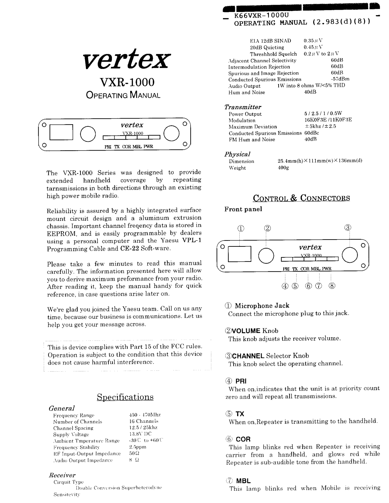 Yaesu Musen VXR 1000U User Manual