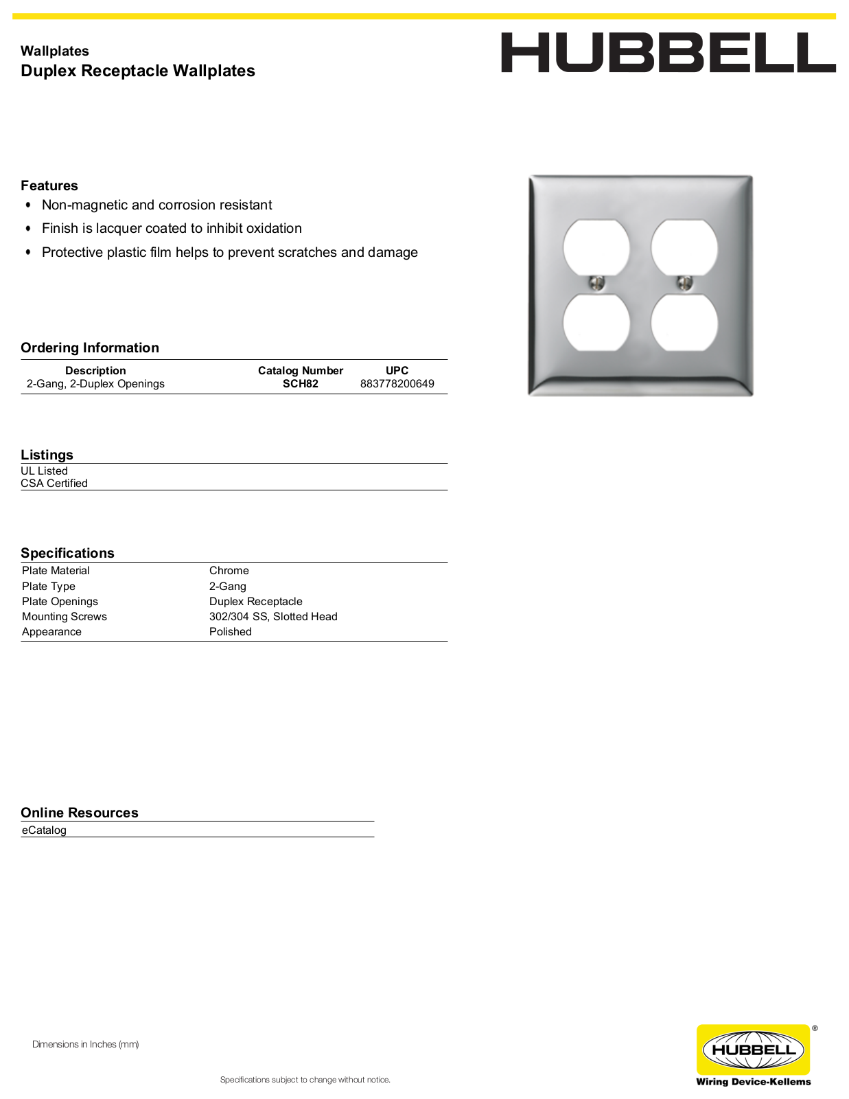 Hubbell SCH82 Specifications