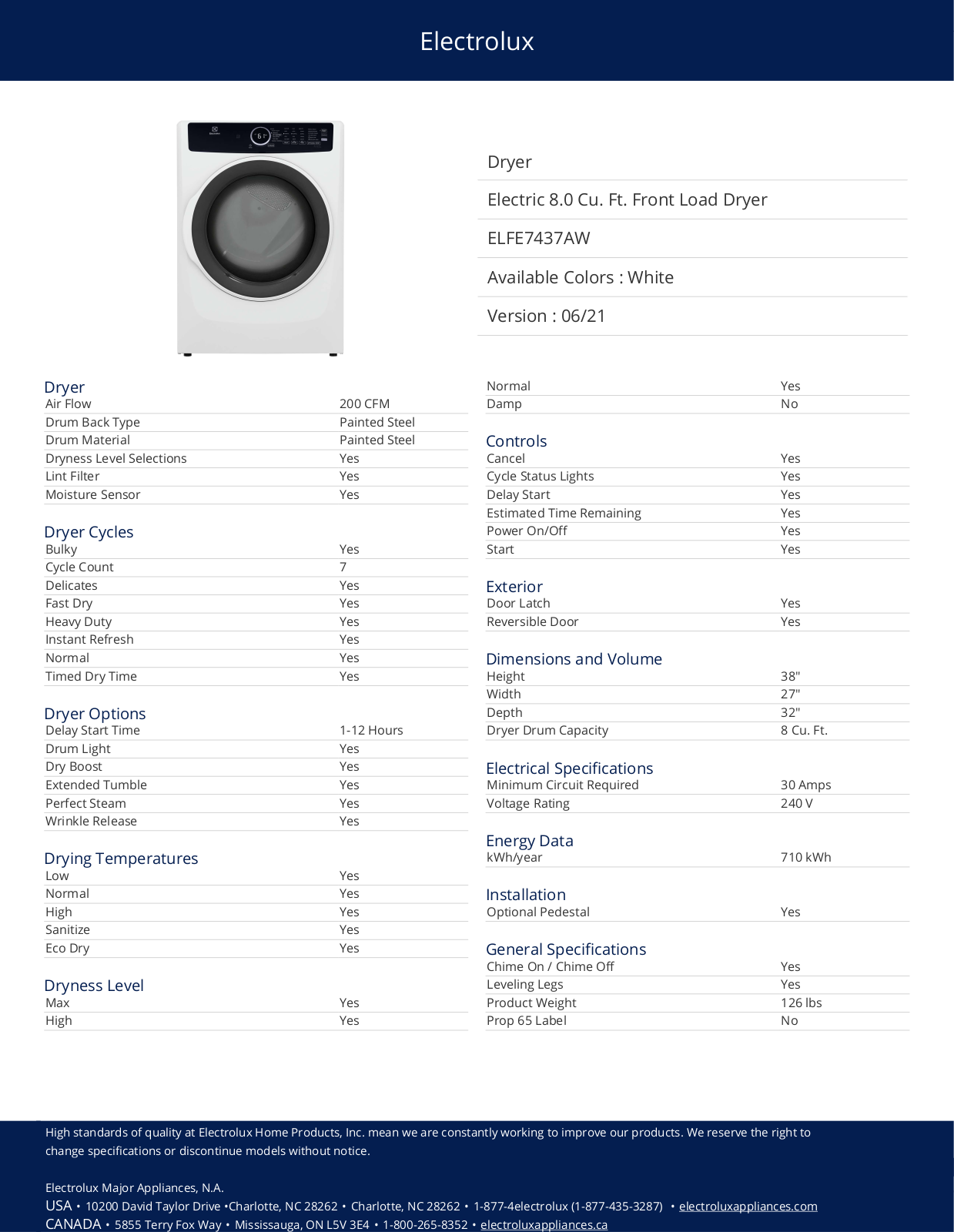 Electrolux ELFE7437AW Specification Sheet