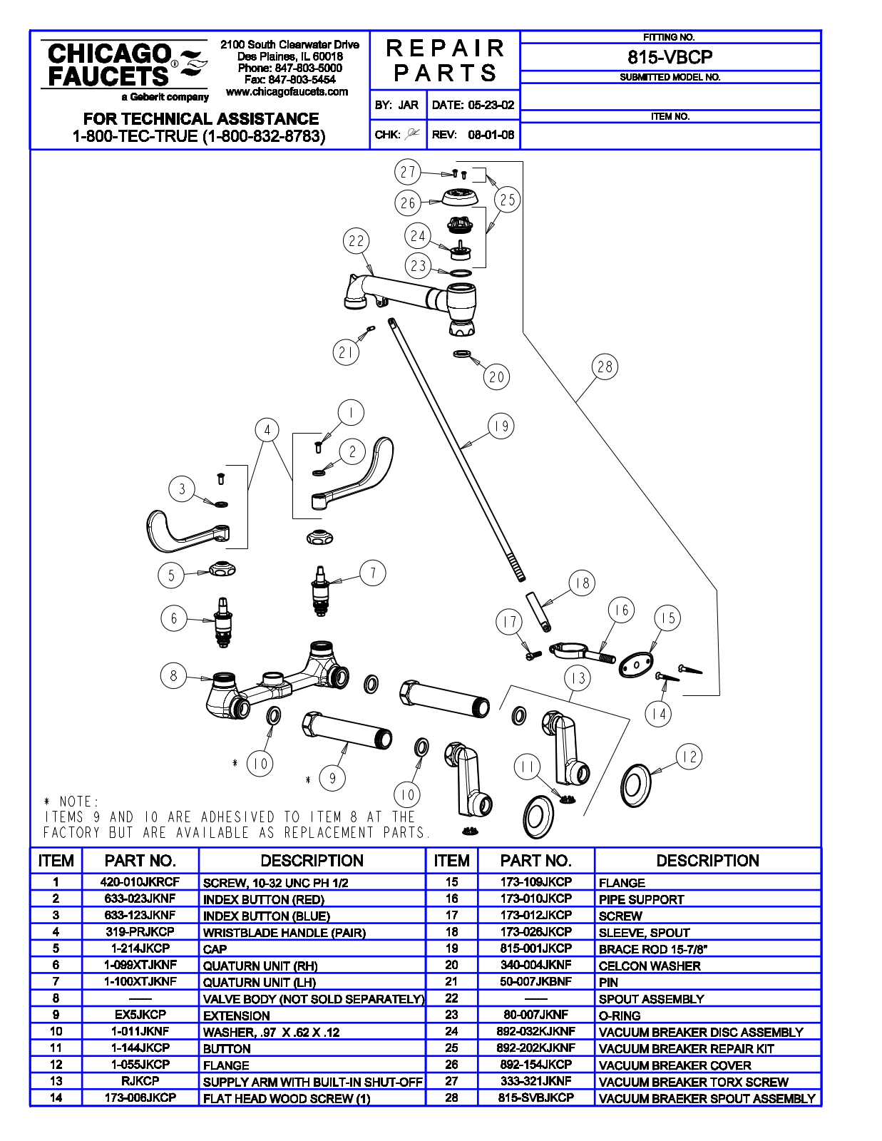 Chicago Faucet 815-VBCP Parts List