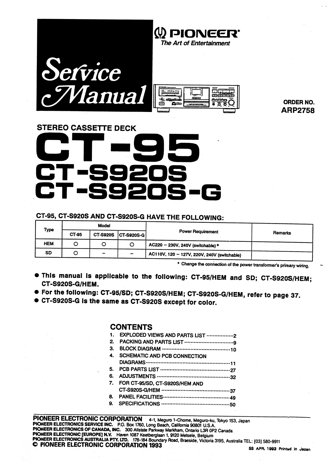 Pioneer CT-95, CTS-920-S, CTS-920-SG Service manual