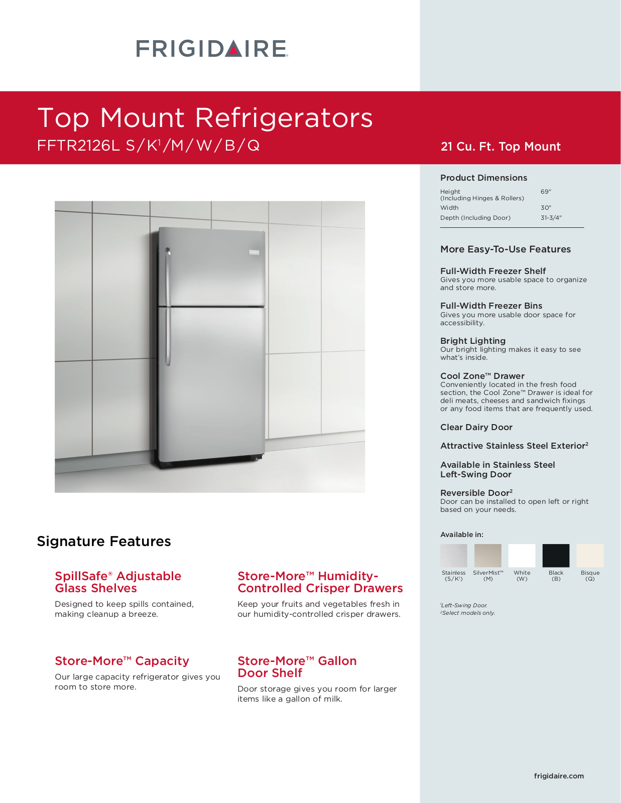 Frigidaire FFTR2126L Q, FFTR2126L K, FFTR2126L M, FFTR2126L S, FFTR2126L W DATASHEET