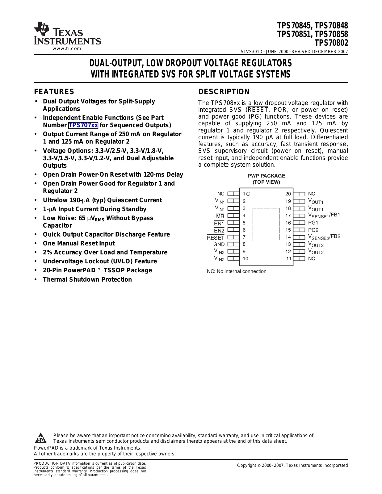 Texas Instruments TPS70845, TPS70848, TPS70851, TPS70858, TPS70802 Datasheet