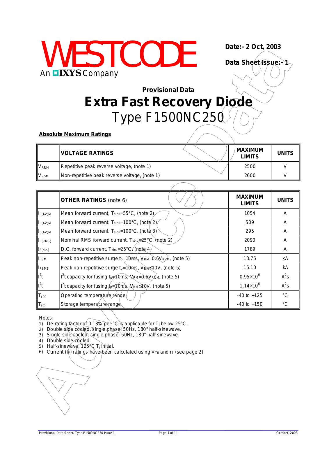 Westcode Semiconductors F1500NC250 Data Sheet