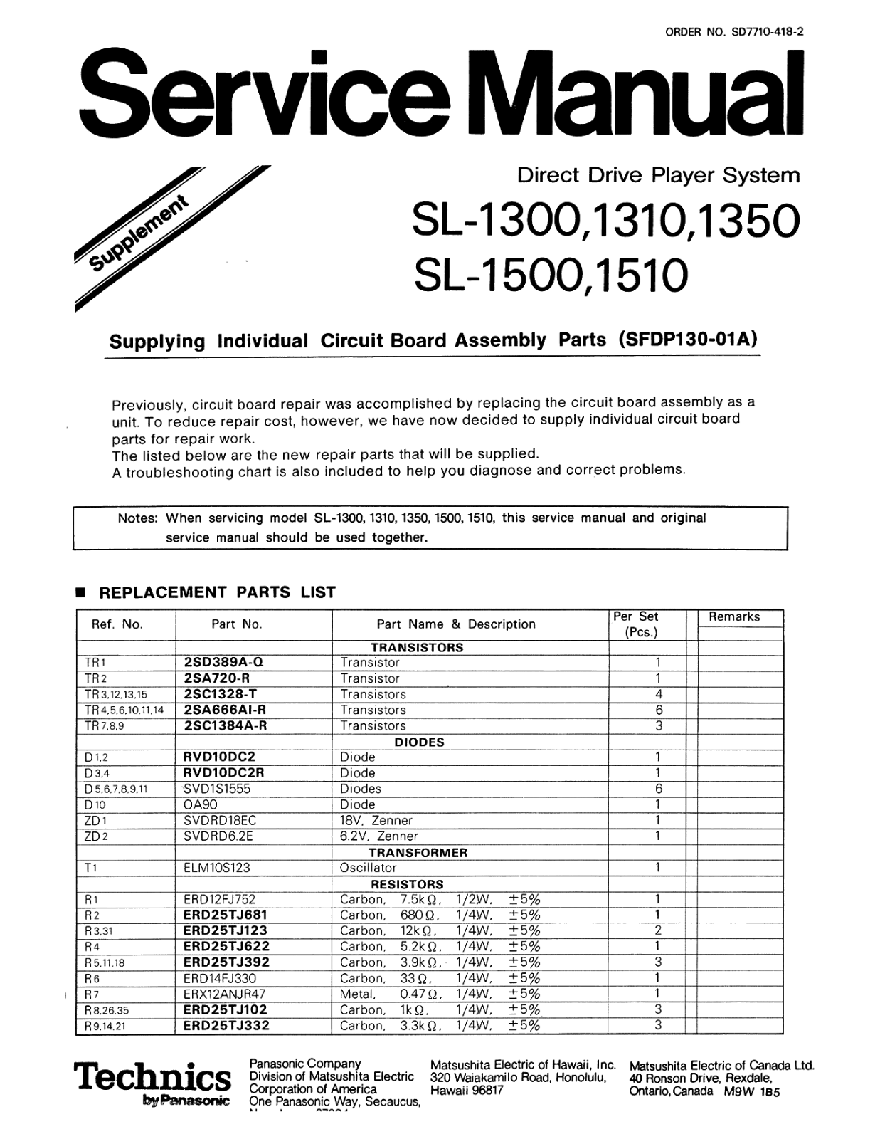 Technics SL 1300 User Manual