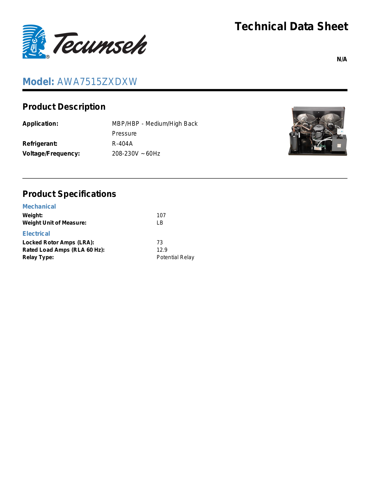 Tecumseh AWA7515ZXDXW Technical Data Sheet