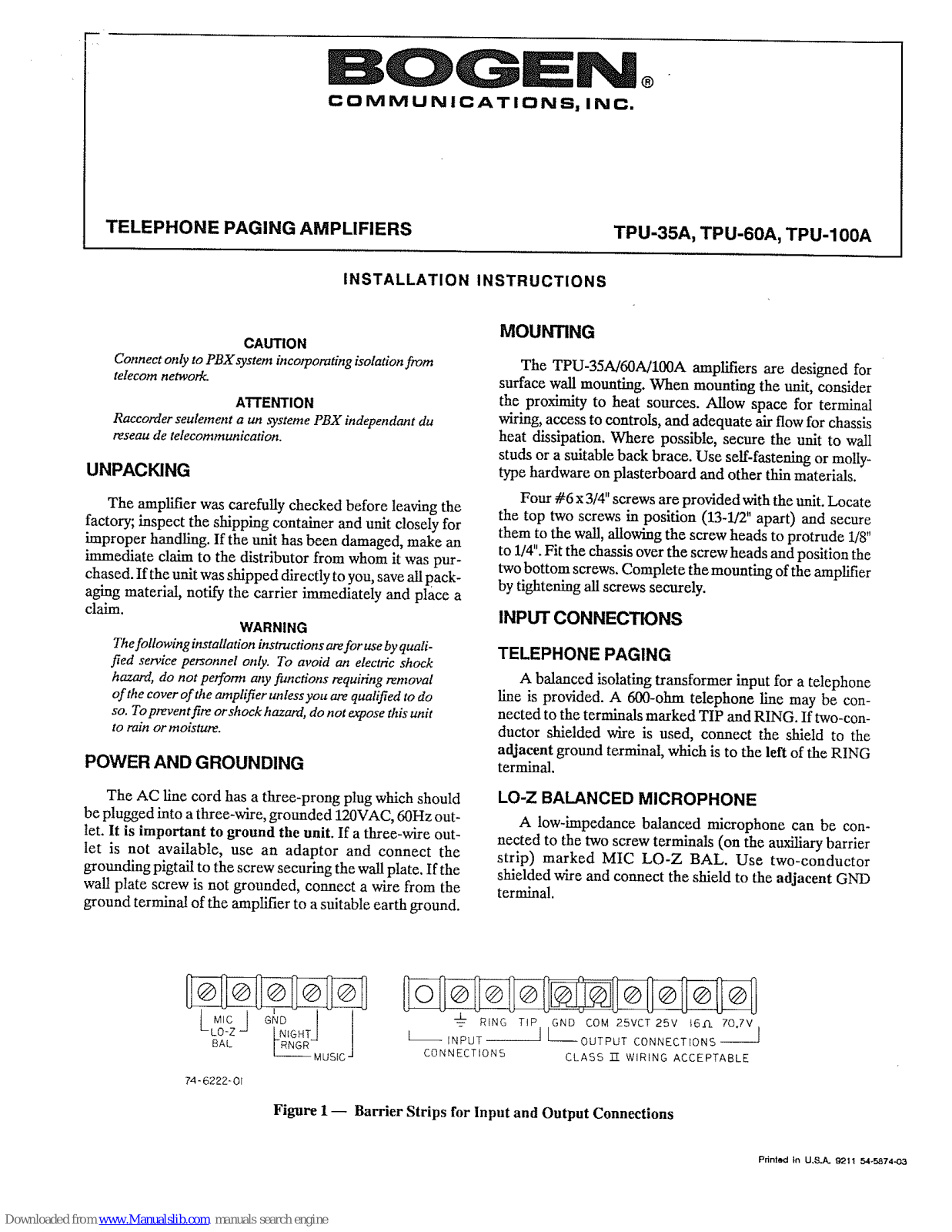 Bogen TPU-35A, TPU-100A, TPU-60A Installation Instructions Manual