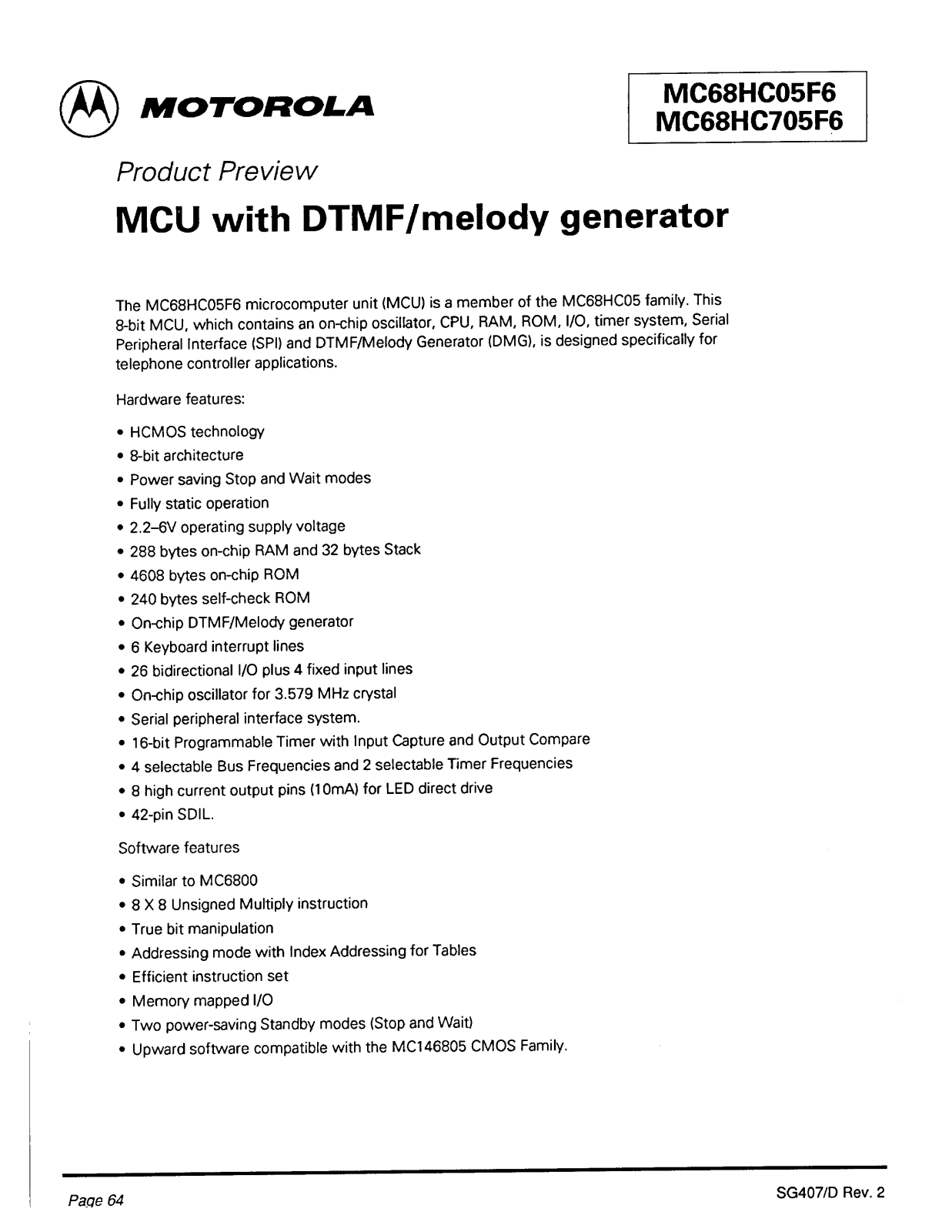 Motorola MC68HC05F6, MC68HC705F6 Datasheet